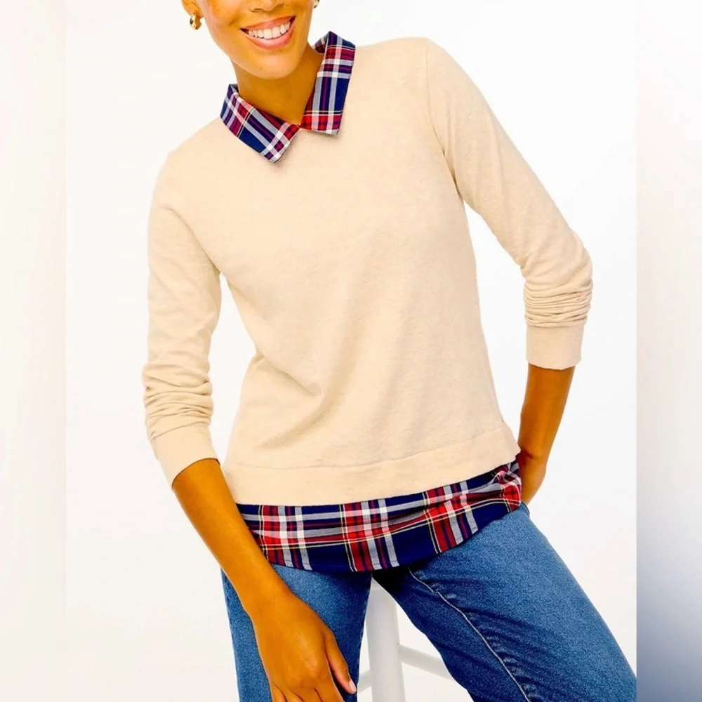 💙J. Crew Cream Crew Neck Sweater with Red Faux Shirt Hem